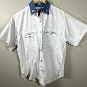 SOLUTIONS Vintage Two‎ Tone White Denim Button Up Cottagecore Womens Shirt M